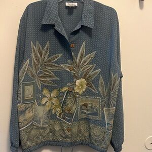 Teddi NWT XL Blue Leaf Print Shirt with Buttons and draw string on bottom